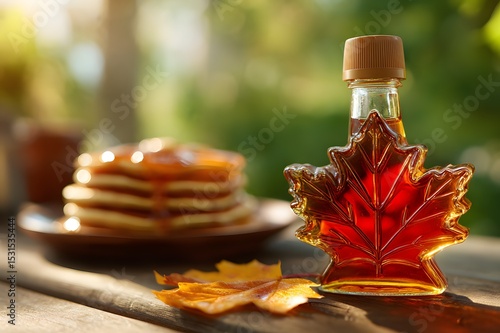 Maple syrup in a leaf-shaped bottle next to a stack of pancakes on a wooden table. Autumn leaves are scattered around. Ideal for Canada Day celebrations. Canadian Thanksgiving.