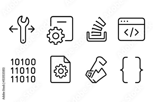 Programming Icons Collection. Line style icons of programming: refactoring tool, object method, stack overflow icon, script editor