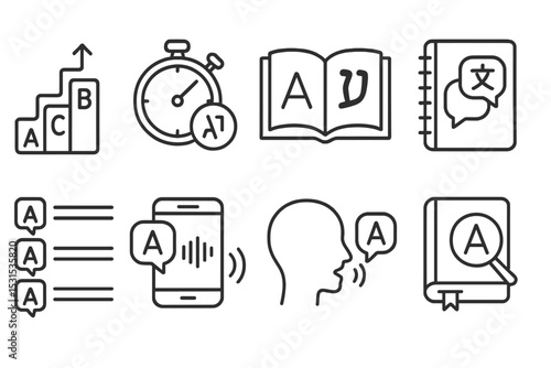 Language Learning Icons. Line style icons of language courses: course levels, language timer, reading session, language journal,