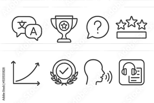 Language Course Icons. Line style icons of language courses: multilingual phrase icon, language challenge trophy, question bubble