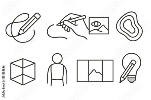 Artistic Icons Collection. Line style icons of drawing: freeform pencil loop, artist hand motion, observational sketch icon,