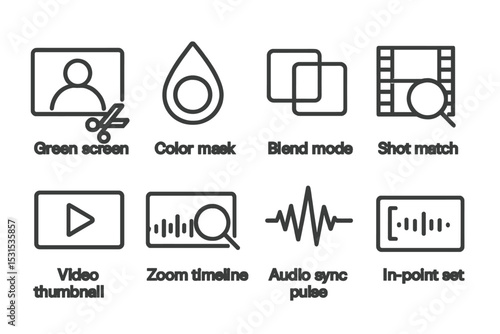 Video Editing Icons. Line style icons of video editing: green screen cutout, color mask tool, blend mode icon, shot match tool,