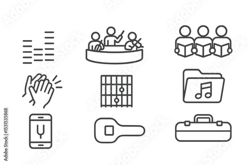 Music Icons Collection. Line style icons of music and instruments: sound levels, orchestra pit, choir group, hand clap icon,