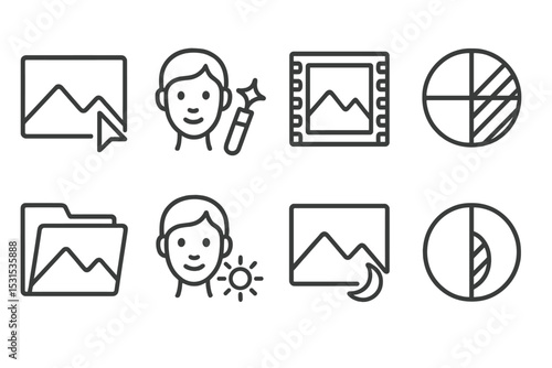 Photo Filter Icons. Line style icons of photo filters: sharpen edge detail, skin retouch tool, film look icon, detail boost icon,