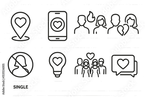 Dating Icon Set. Line style icons of dating: real date map pin, heart location tracker, match suggestion icon, breakup icon,