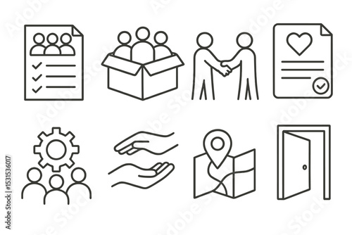 Community Icon Set. Line style icons of communities: community rules icon, welcome pack icon, newcomers handshake, values
