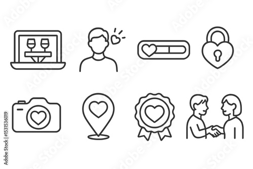 Line Style Dating Icons. Line style icons of dating: virtual date table, first impression icon, love meter bar, heart lock symbol,