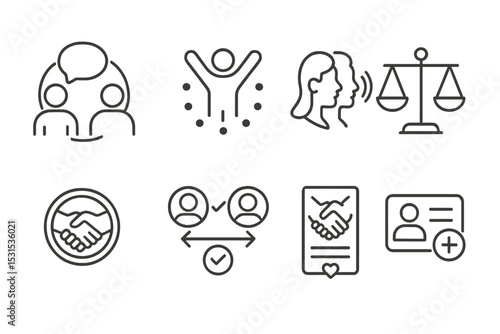 Community Icons Collection. Line style icons of communities: mentor connection icon, active participation icon, diversity voices
