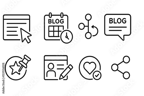 Blog Management Icons. Line style icons of blogs: editor cursor icon, blog scheduling panel, content version control, blog message