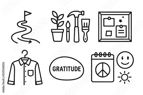 Lifestyle Icon Collection. Line style icons of lifestyle: self-discovery path, weekend hobby tools, dream board icon, wind-down