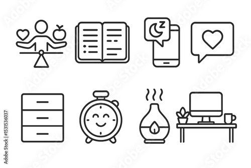 Minimalistic Lifestyle Icons. Line style icons of lifestyle: balanced lifestyle icon, planner open page, sleep reminder icon,