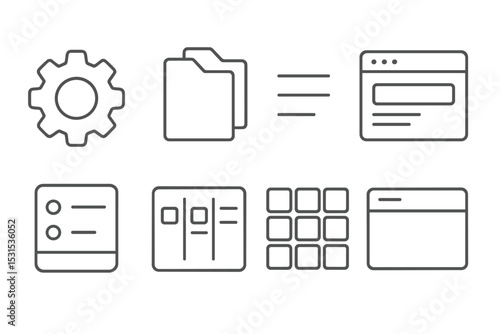 Minimal Line Icons. Line style icons of minimalism: simplified settings icon, unlabelled files icon, fewer tabs symbol, one-page