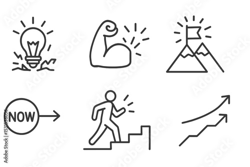 Motivational Line Icons. Line style icons of motivation: breakthrough light, hard work icon, clarity spark, win line icon, start