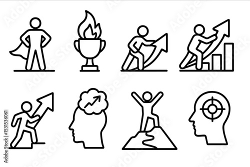 Motivation Icon Set. Line style icons of motivation: hero rise icon, winning flame, potential bar, growth push, rising thoughts,