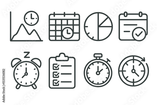 Time Management Icons. Line style icons of time management: peak time chart, weekly layout icon, hourly breakdown, daily ritual