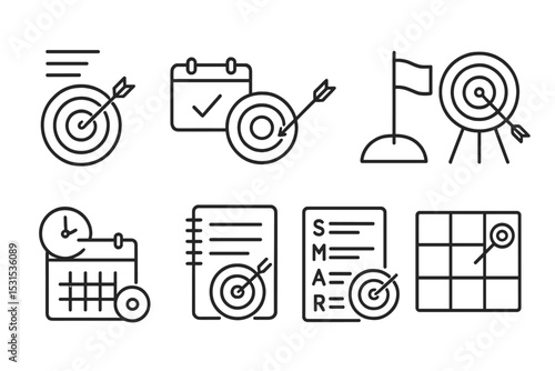 Goal Icons Collection. Line style icons of goals: prioritized aim icon, habit-linked goal, motivational flag, realistic target,