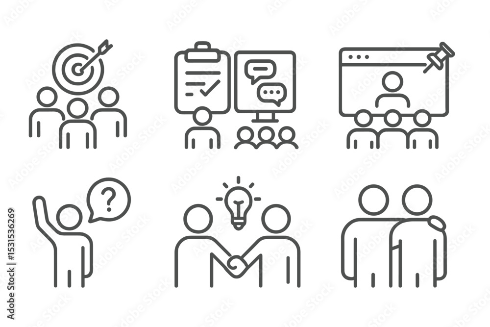Online Community Icons. Line style icons of online communities: community goal, task icon, project thread, volunteer post, request Online Community Icons. Line style icons of online communities: community goal, task icon, project thread, volunteer post, request