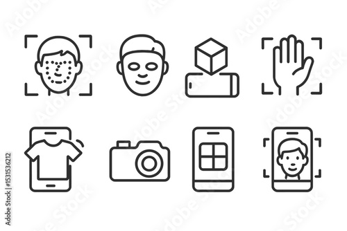 AR Effect Icons. Line style icons of AR effects: face tracking, 3D mask, object overlay, gesture detection, virtual try-on, AR