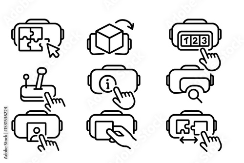 VR Game Icons. Line style icons of VR games: puzzle interface, rotate object, code unlock, virtual lever, interaction hint, item