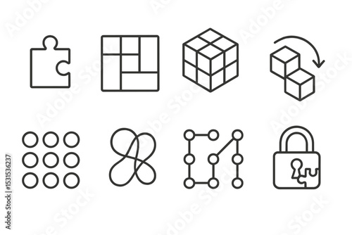 Puzzle Game Icons. Line style icons of puzzle games: jigsaw piece, sliding tile, logic cube, rotate shape, match-three icon,