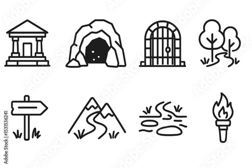 Quest Game Line Icons. Line style icons of quest games: ancient temple, underground cave, dungeon gate, forest path, village sign,