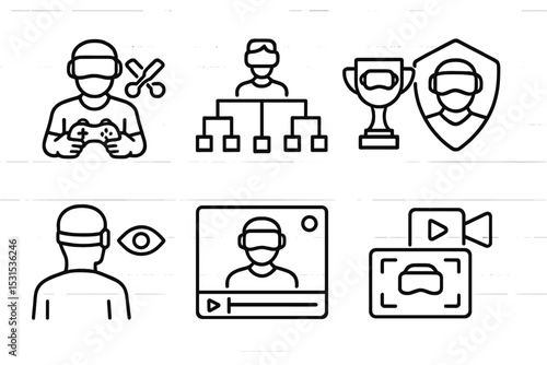 VR Gaming Icons. Line style icons of VR games: e-sports icon, tournament bracket, VR trophy, league badge, spectator mode,