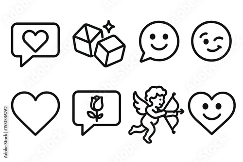 Dating App Icons. Line style icons of dating apps: flirt message, icebreaker icon, message emoji, wink icon, open heart, rose