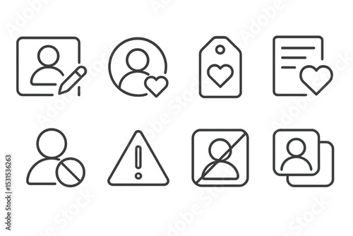 Dating App Icons. Line style icons of dating apps: profile edit, profile photo, tag interests, favorite list, block user, report