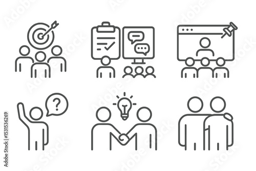 Online Community Icons. Line style icons of online communities: community goal, task icon, project thread, volunteer post, request