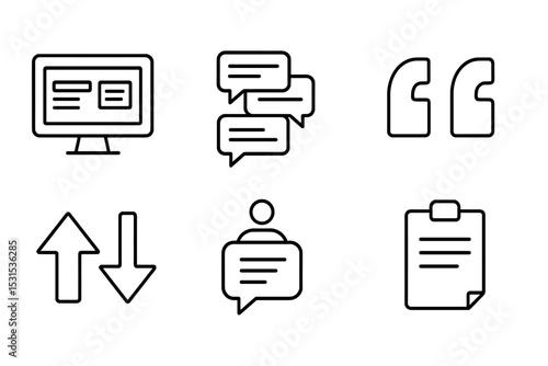 Online Forum Icons. Line style icons of online forums: discussion board, topic thread, post reply, quote icon, upvote arrow,