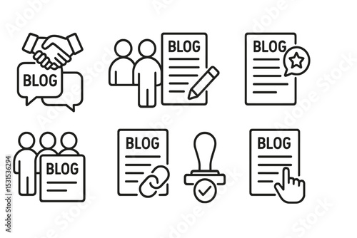 Blogging Tools Icons. Line style icons of blogging tools: blog collaboration, co-author icon, review icon, edit suggestion,