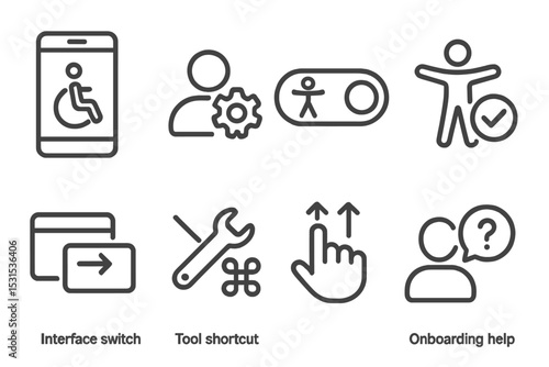 Accessibility Icons Set. Line style icons of accessibility: accessible app, user settings, accessibility toggle, feature enable,