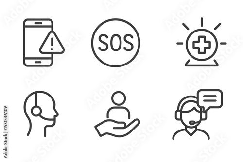 Accessibility Icons. Line style icons of accessibility: emergency contact, SOS icon, medical alert, panic button, support call,