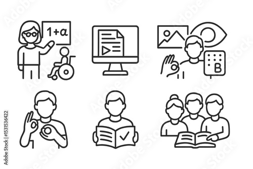 Inclusive Education Icons. Line style icons of inclusivity: inclusive education, adapted content, accessible books, visual