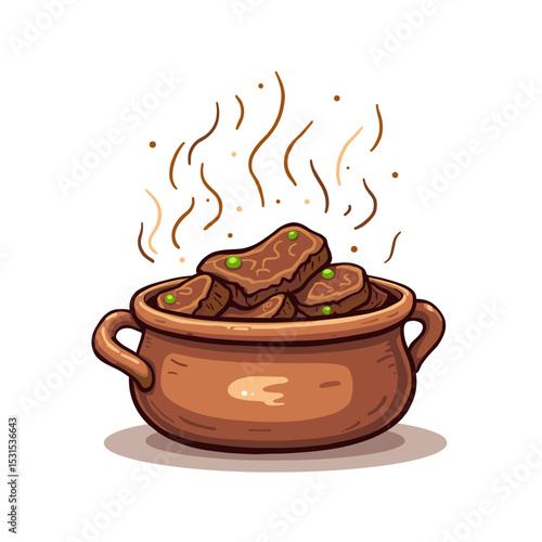Game meat stew in a rustic pot, steaming and flavorful, isolated on white background, copy space