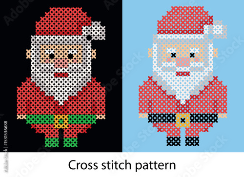 Cross stitch pattern of Santa Claus in vibrant colors on contrasting backgrounds