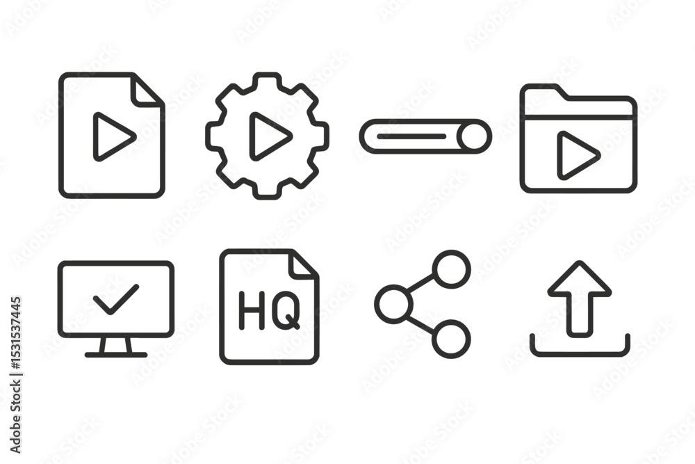 Video Export Icons. Line style icons for video export: file, settings gear, progress bar, folder, quality, format, share, upload. Video Export Icons. Line style icons for video export: file, settings gear, progress bar, folder, quality, format, share, upload.
