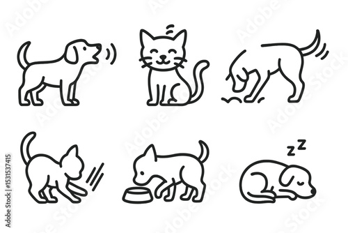 Pet Behavior Icons. Line style icons for pet behavior: barking dog, purring cat, tail wagging, scratching, digging, sleeping,