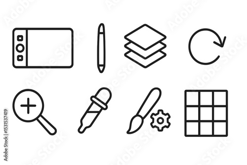 Digital Art Icons. Line style icons for digital art: graphic tablet, stylus, layers panel, undo button, zoom tool, color picker,