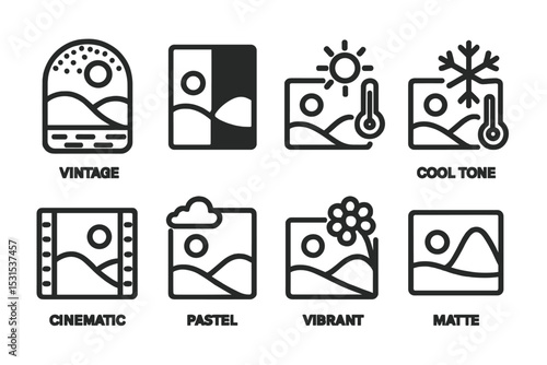 Adjustment Preset Icons. Line style icons for adjustment presets: vintage, black and white, warm tone, cool tone, cinematic,