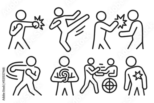 Combat Line Icons. Line style icons for combat actions: punch, kick, block, dodge, special move, combo, target, damage. No text,