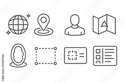 Virtual Reality Icons. Line style icons for VR environment: virtual world, teleport point, avatar, 3D map, portal, boundary, HUD,
