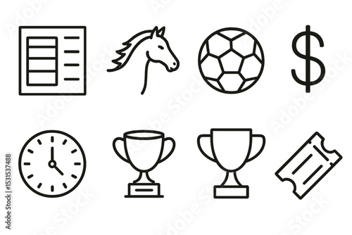 Betting Line Icons. Line style icons for betting: betting slip, horse, soccer ball, dollar sign, clock, winner trophy, scoreboard,