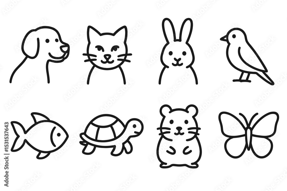 Animal Line Icons. Line style icons for animals and pets: dog, cat, rabbit, bird, fish, turtle, hamster, butterfly. No text, No Animal Line Icons. Line style icons for animals and pets: dog, cat, rabbit, bird, fish, turtle, hamster, butterfly. No text, No