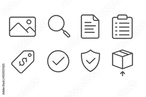 Product Detail Icons. Line style icons for product details: image gallery, zoom, description, specifications, price tag,