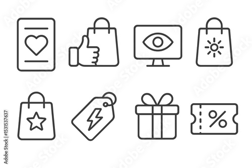 Shopping Icons Collection. Line style icons for shopping experience: wishlist, recommendation, recently viewed, new arrivals, best