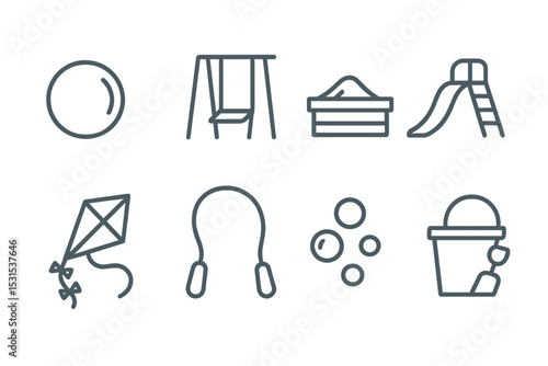 Fun Activity Icons. Line style icons for fun activities: ball, swing, sandbox, slide, kite, jump rope, bubbles, sandbox bucket. No