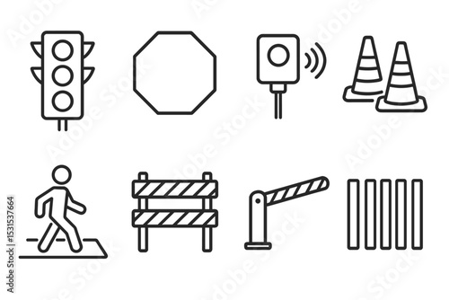 Traffic Control Icons. Line style icons of traffic control: traffic light, stop sign, speed radar, cones, pedestrian crossing,