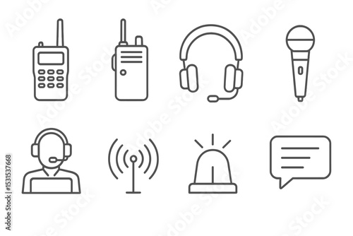 Police Communication Icons. Line style icons of police communication: radio, walkie-talkie, headset, microphone, dispatch, signal,