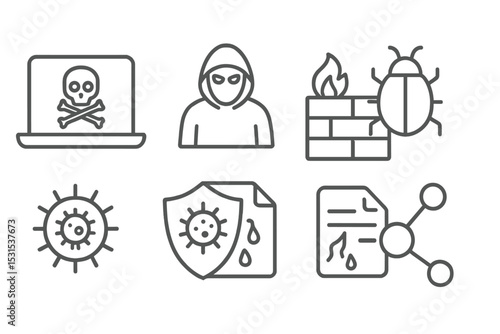 Cybercrime Icon Set. Line style icons of cybercrime: computer, hacker, firewall, bug, virus, shield, data breach, network. No text